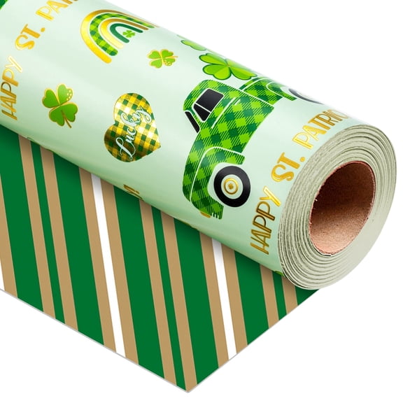 HOMERAL Reversible St Patricks Day Wrapping Paper, Luck Truck, Shamrock and Stripe Design Foil Green Gift Wrap for Irish St. Patrick's Day, Party, Birthday, Holiday, Christmas (17 IN x 32.8 FT)