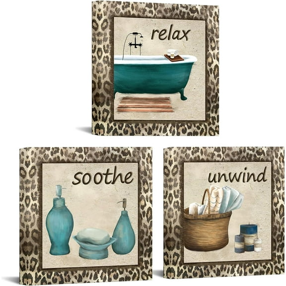 Bathroom Decor Leopard Print Canvas Wall Art Accessories Relax Unwind Sign Bathtub Picture 12"x12"x3Pieces
