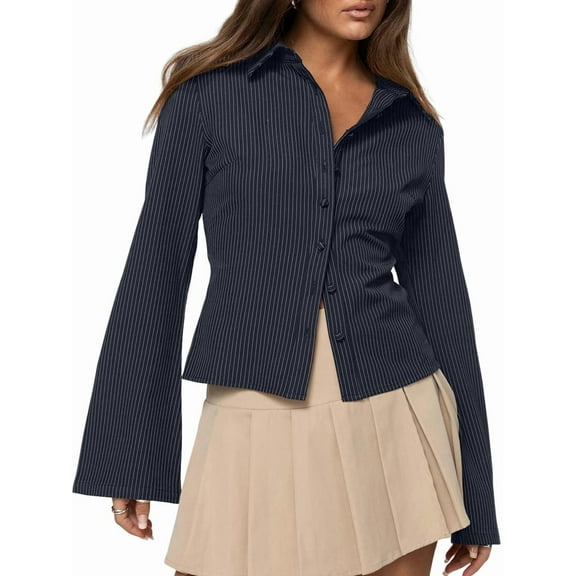 Women'S Button Down Shirts Striped Long Sleeve Collared Casual Work Blouses Tops Trendy Outfits Navy Blue M