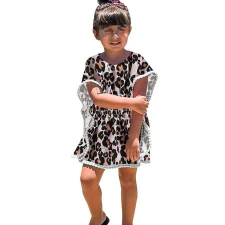 

ZRBYWB Toddler Kids Baby Girls Swimwear Cover Up Summer Leopard Rainbow Tassel Beach Dress Pompom Poncho Rash Guards Swimsuits Bikini Cover Ups Summer Girl Clothes