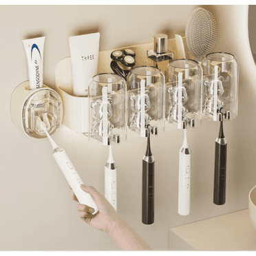 XIBUZZ Wall-Mounted Toothbrush Holder Set with Automatic Toothpaste Dispenser, Dustproof Storage Organizer