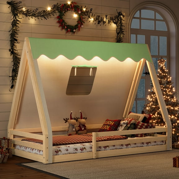Twin Size House Floor Bed with Tent and Light, Solid Wood Teepee Floor Bed with Full-length Guardrails, Montessori and Childlike Design, Natural Green