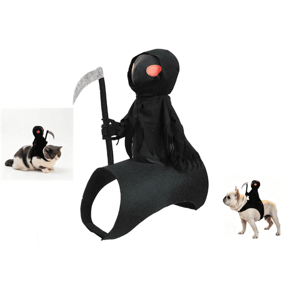 Dog Halloween Grim Reaper Rider Costume, 3D Cosplay Outfit with Magic Tape, Pet Halloween Costumes for Small Medium Large Dogs and Cats, Black Dog Costume(S)