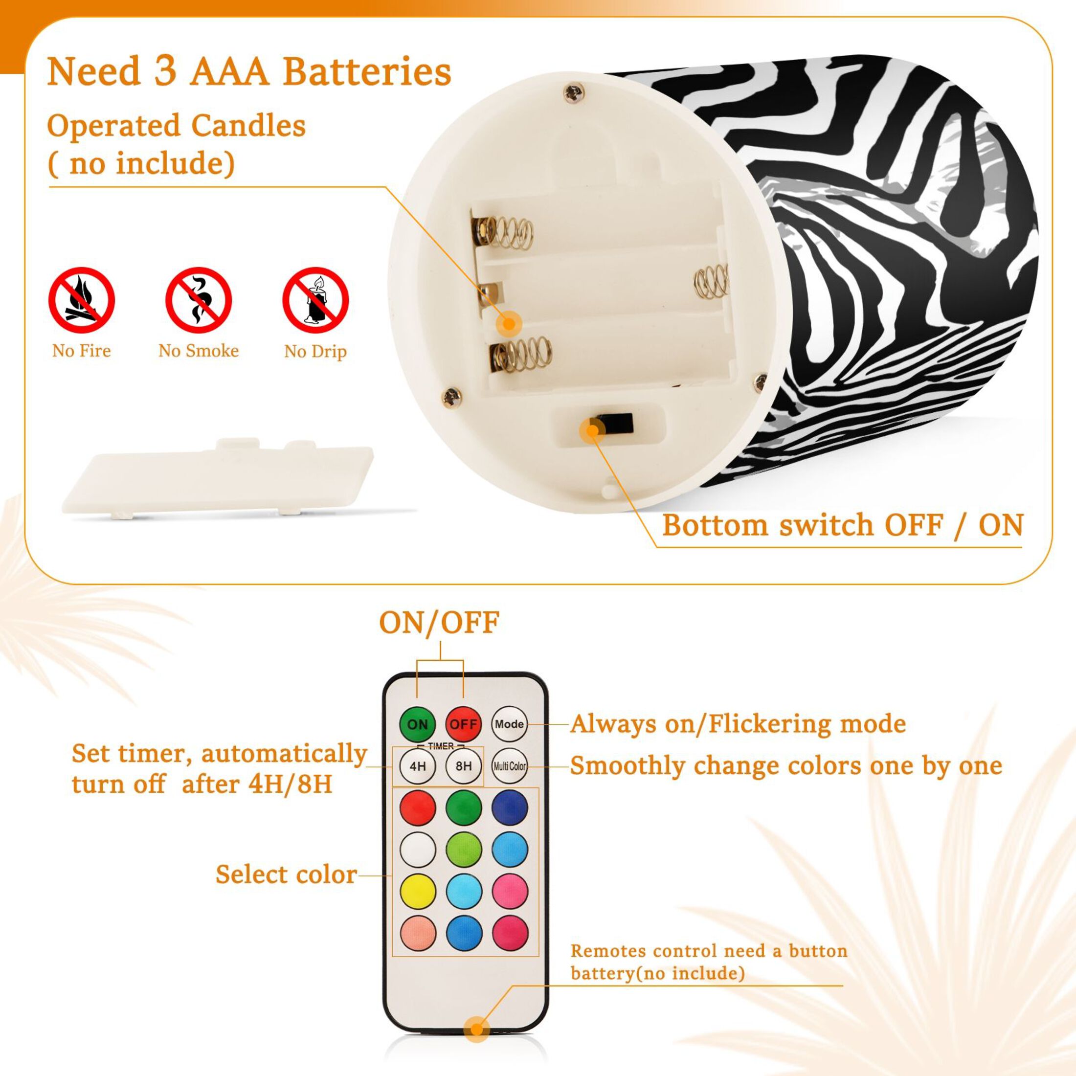 Zebra Print Flickering Flameless Candles Battery Operated with Remote Timer LED Pillar Candles Set of 2