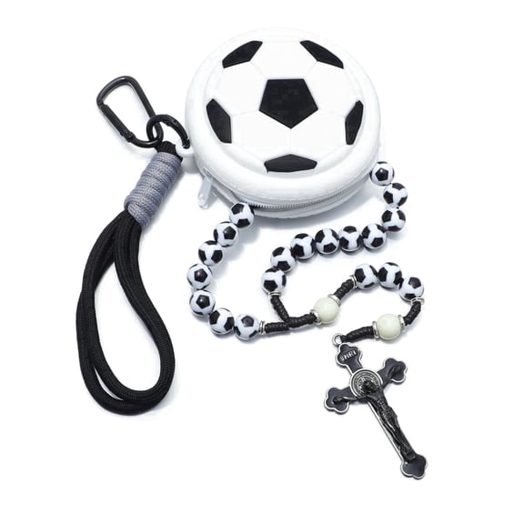 KOMI 10mm Handmade Soccer Sport Rosary Necklace for Men Christian Catholic Gifts for Athlete with Rosary Bag