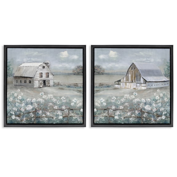 Stupell Industries Country Meadows with Barns Landscape & Nature Painting Black Floater Framed Canvas Art Print Wall Art, 18 x 18, Set of 2