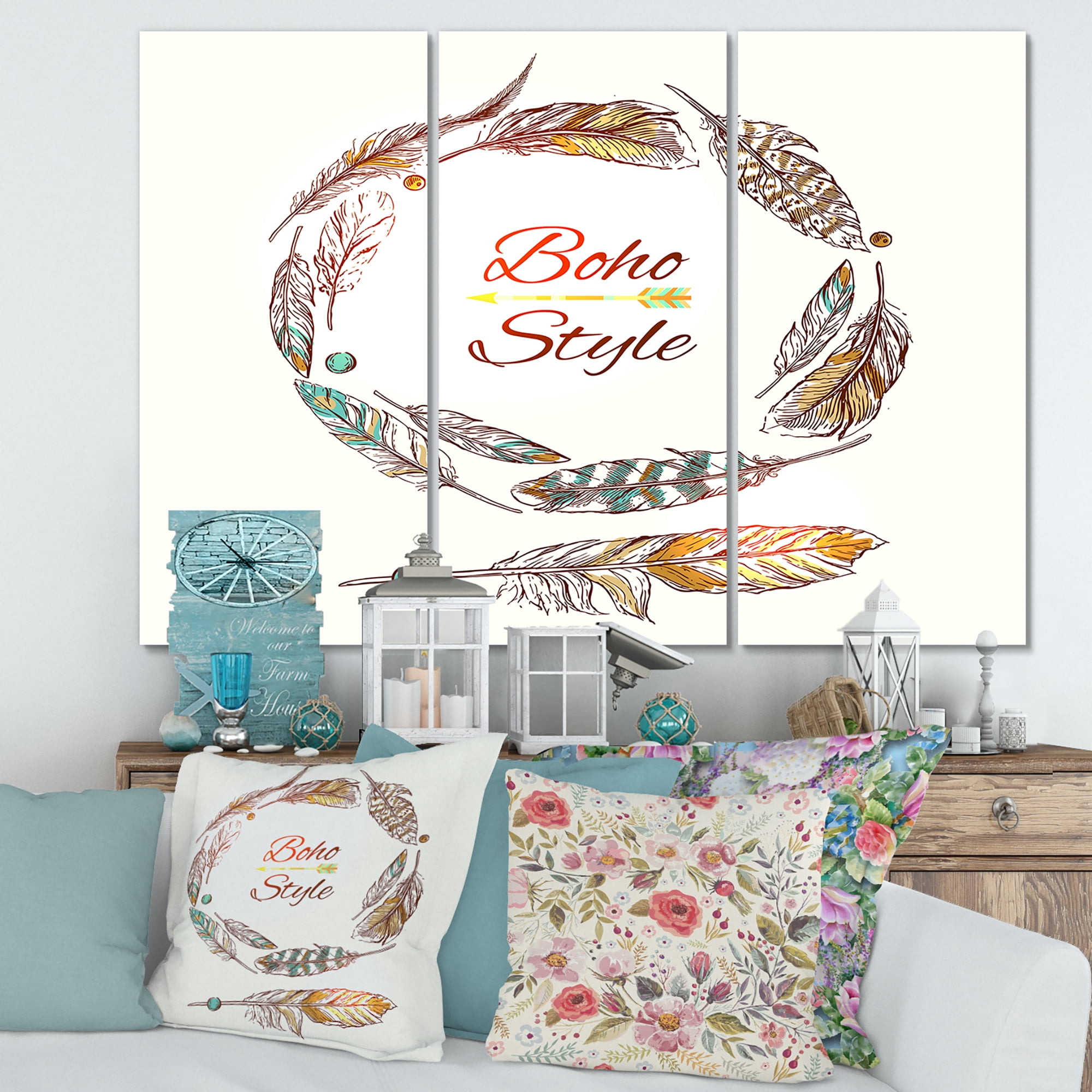 Designart ' Wreath Of Ethnic Beige Boho Feather ' Bohemian & Eclectic Canvas Wall Art Print