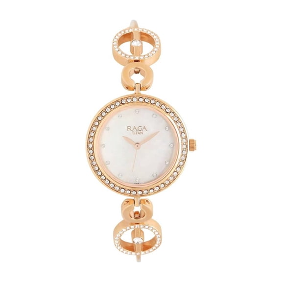 Titan Raga Mother of Pearl Rose Off-White Dial & Gold Band Womens Analog Watch With Metal Strap-NS2539WM03