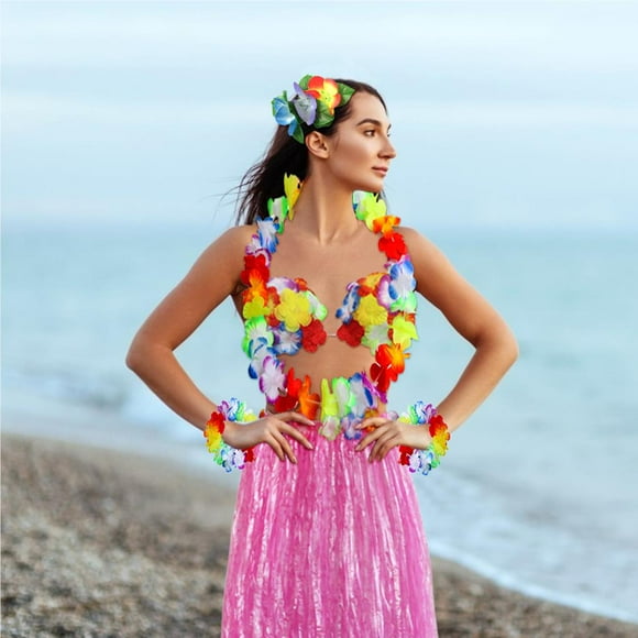 8 Pcs Hawaiian Party Hula Clothes Clothing Dance Set Hawaiian Flower Garland Beach Skirt Wrist Band Pineapple Sunglasses Hair Clip No.2