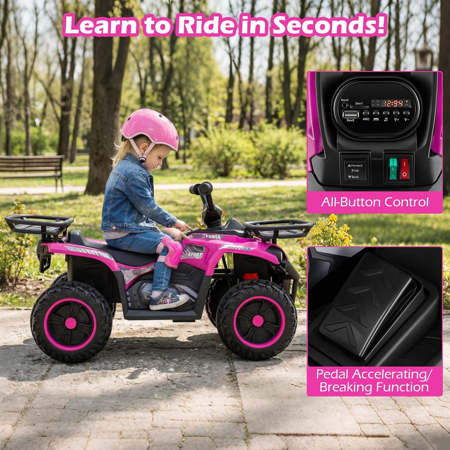 OLAKIDS 12V Kids ATV Quad with 2 Speeds, Spring Suspension, LED Lights, Music & Story Player, Big Tires, 2 Storage Spaces, Ride On Car for Boys Girls Ages 3+