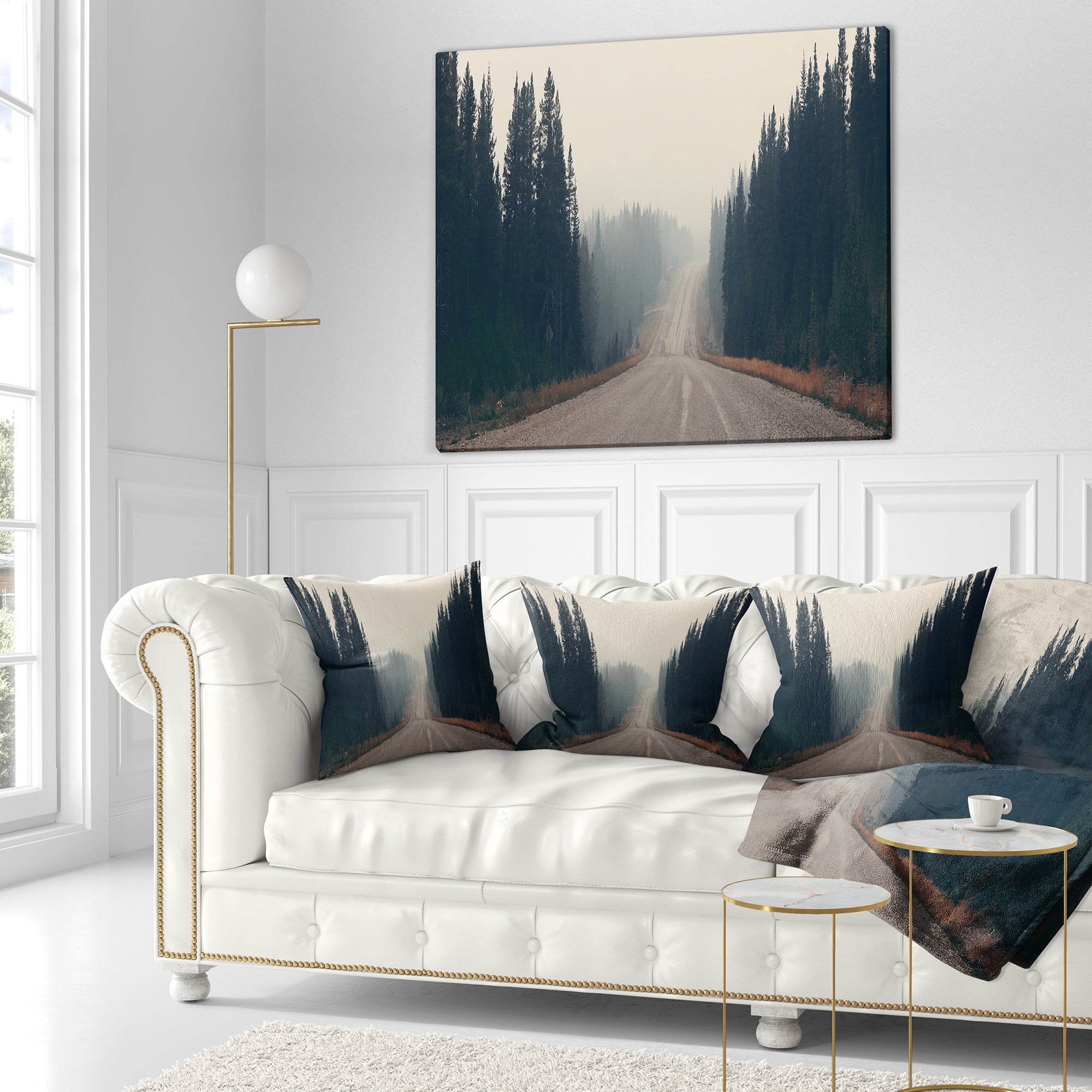 Designart Foggy Road in Forest in Banff Park - Modern Seascape Throw Pillow - 18x18