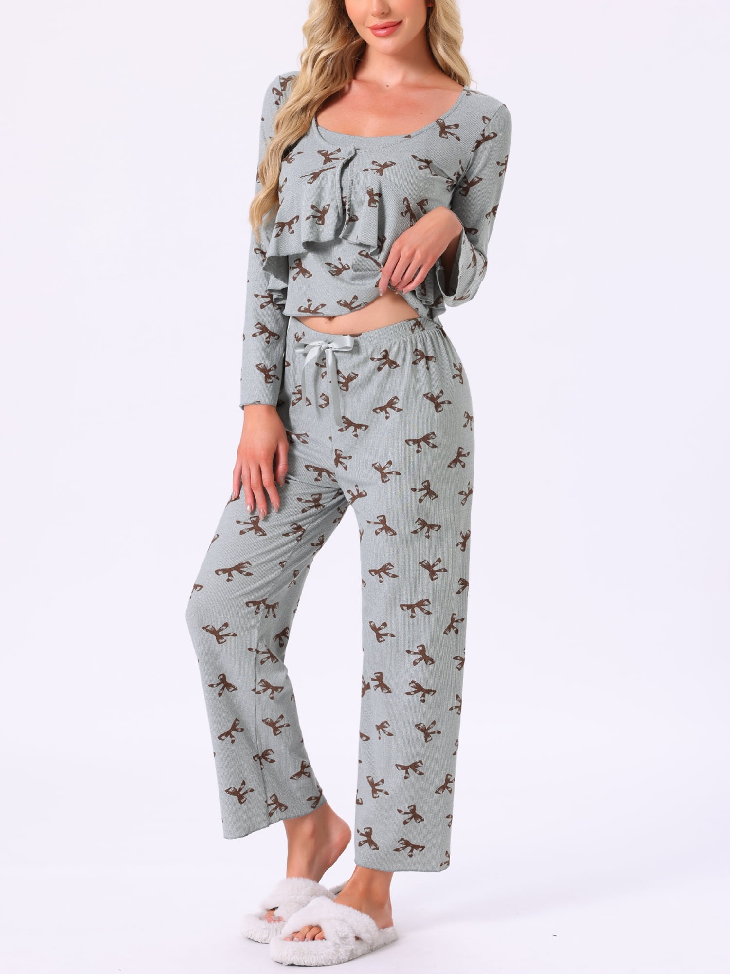 DARING DIVA Women's Cami Pajama Set Tank Top Long Pants Long Sleeve Cardigan XL Grey