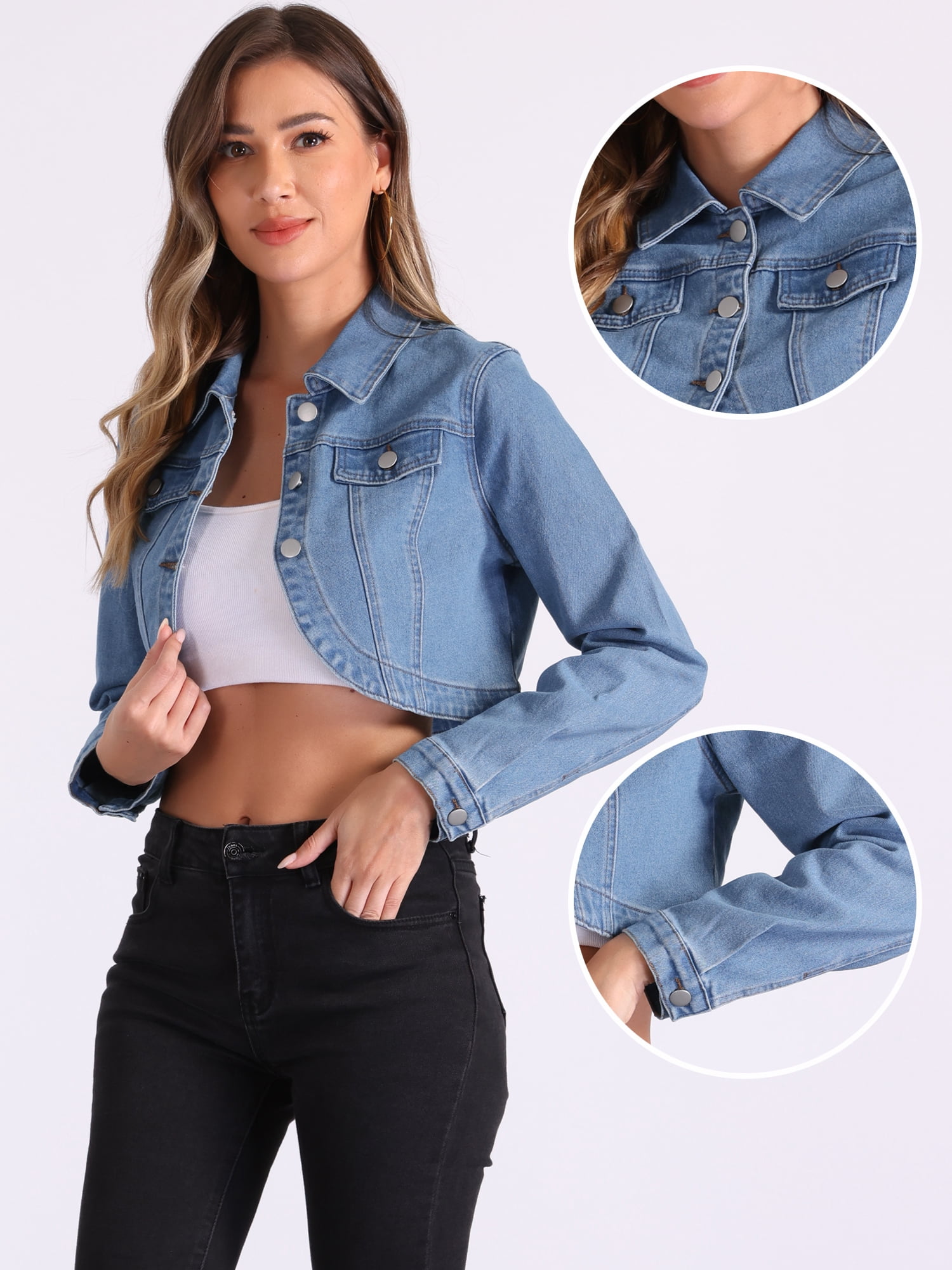 DARING DIVA Women's Denim Jacket Collared Long Sleeve Crop Jean Jackets M Light Blue