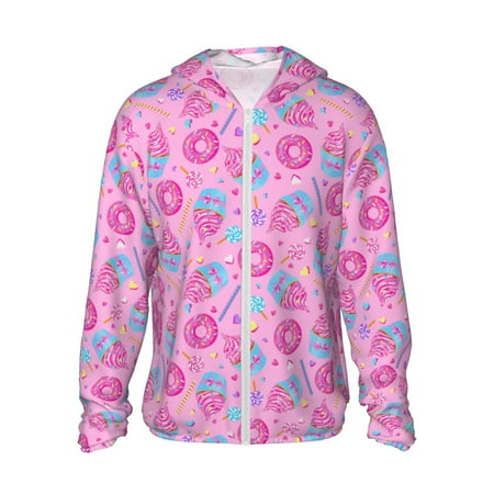 Sigee Pink Donuts Print UPF50+ Men s Sun Protection Hoodie Shirt SPF UV Shirt Long Sleeve Fishing Outdoor Lightweight S-3XL