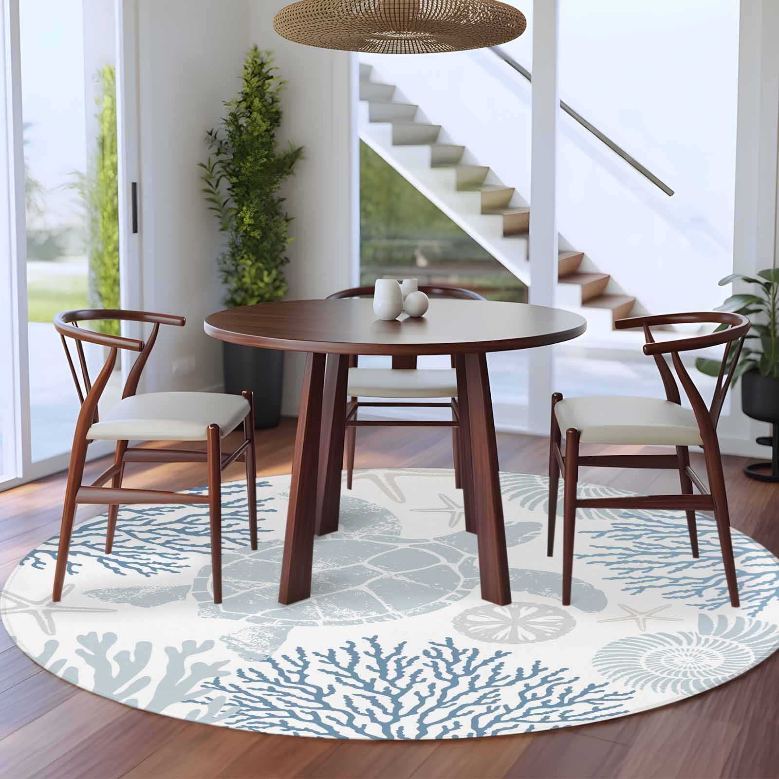 Blue Sea Turtle Round Rugs 6ft, Coastal Coral Summer Beach Nautical Non Slip Washable Rug Runner, Low Pile Indoor Floor Carpet Mat Bathroom Rugs for Living Room, Bedroom, Kids Room