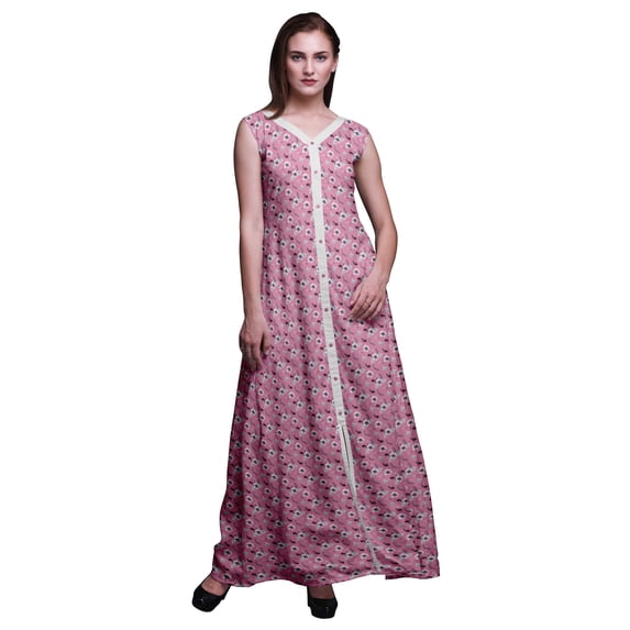 Bimba Floral Women V Neck Sleeveless Front Slit Casual Maxi Printed Boho Dress-Large