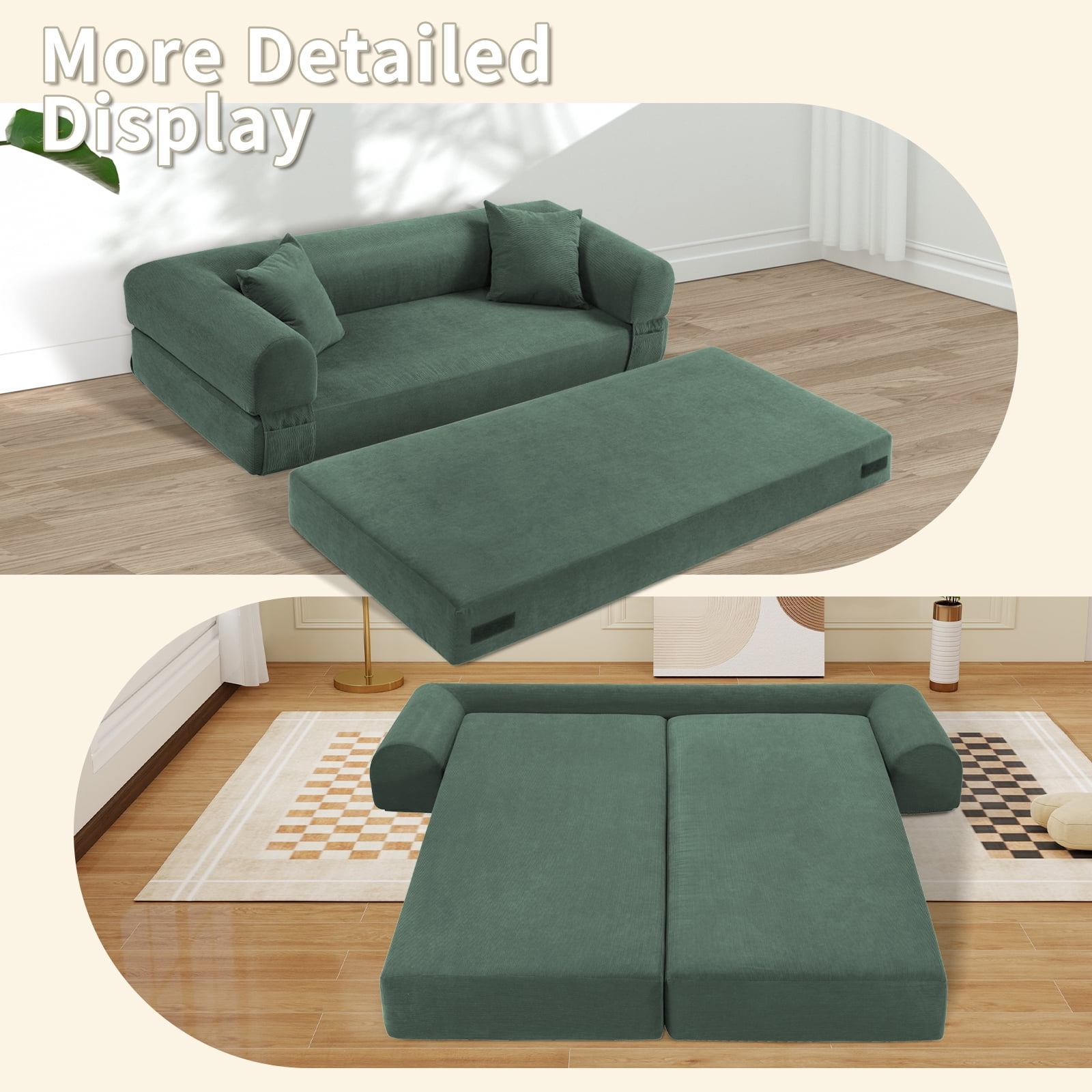 3 in 1 Convertible Sofa Bed, 80" Corduroy Folding Pull Out Couch with 2 Pillows, Floor Sofa with Side Storage for Living Room, No Assembly Modern Boneless Couch Compression Sofa, 30"W
