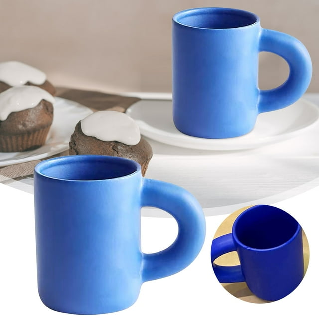 Glass & Bottle Mug Handle Ceramic Cup with Hand Pinch Pattern and Big Ring Handle – Blue Water Cup for Cute Everyday Use
