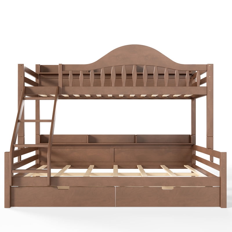 Twin XL-Over-Queen Wood Bunk Bed with Curved Guardrail & Ladder, Chic Kids Storage Bed Frame with Drawers & Bedside Shelves