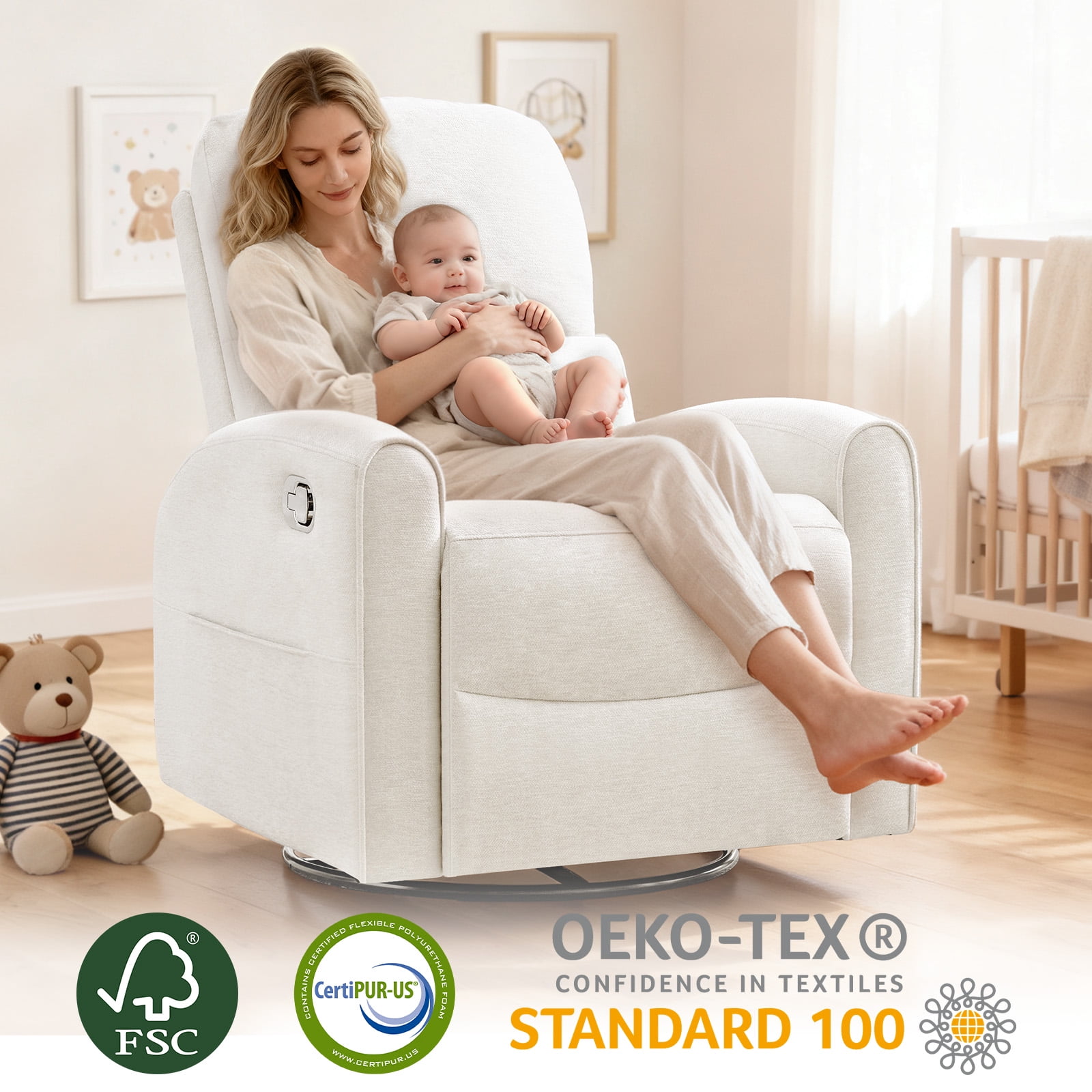 Aemeios Manual Recliner Swivel Chenille Glider Chair with Adjustable Headrest, White