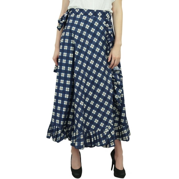Phagun Cotton Ruffled Check Printed Self Belt Magic Women's Wrap Skirt-Blue