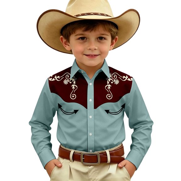 Hiijoy Boys Button-Down Western Shirt Breathable Long Sleeve Cowboy Shirt Top, Sizes 4-5
