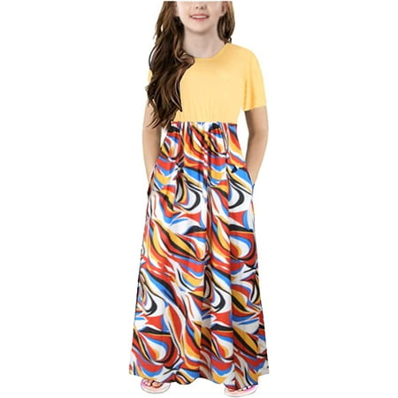 

YOUI-GIFTS Girl s Summer Short Long Sleeve Stripe Holiday Dress Maxi Dress with Pocket Size 3-16T