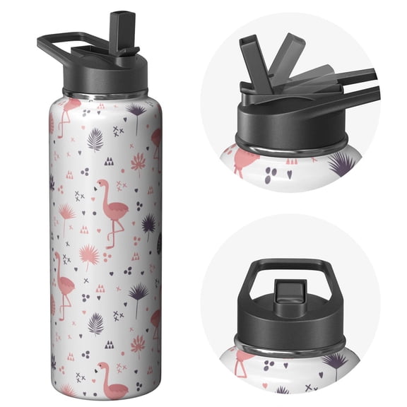 40 oz Double Walled Flamingo Themed Water Bottle Stainless Steel Sports Wide Mouth Handle Lid Leak Proof Hot 12H Cold 24H