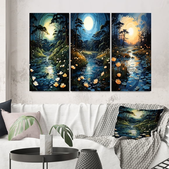Designart "River Pointillism beauty At Night II" Pointillism Wall Art Set Of 3 - Yellow Pointillism Gallery Wall Set For Home Decor