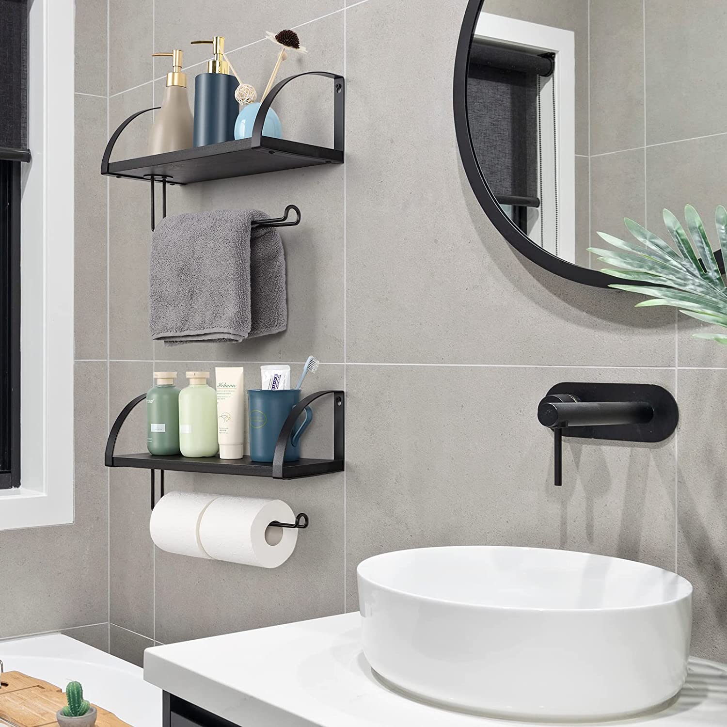 Oumilen Wall Mounted Paper Towel Holder with Wood Shelf, Black