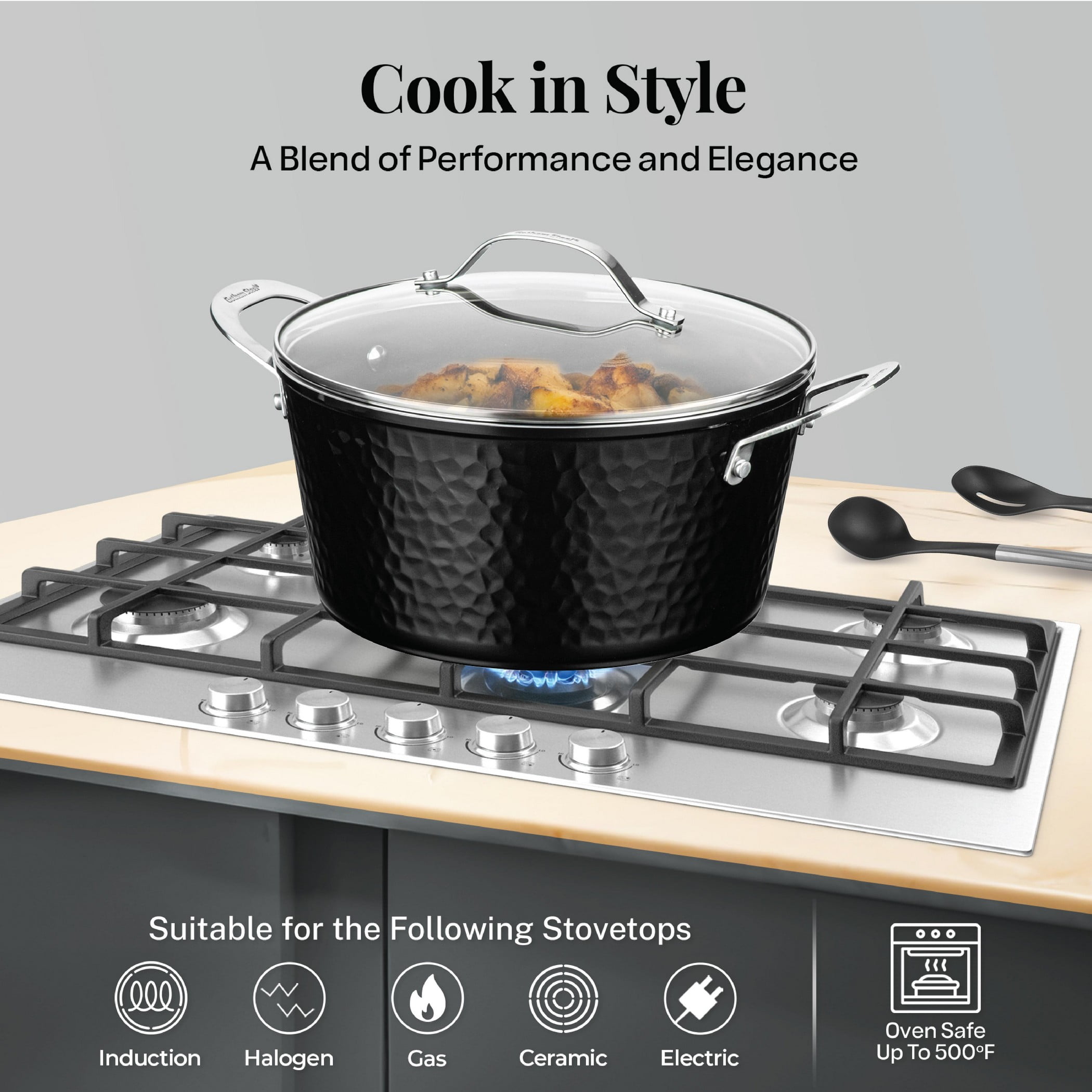 Gotham Steel Hammered 15 Pc Ceramic Pots and Pans Set Non stick, Ceramic Cookware Set with Utensils, Pots and Pans for Cooking, Non Toxic Pot and Pan Set, Kitchen Set, Oven/Dishwasher Safe, Black