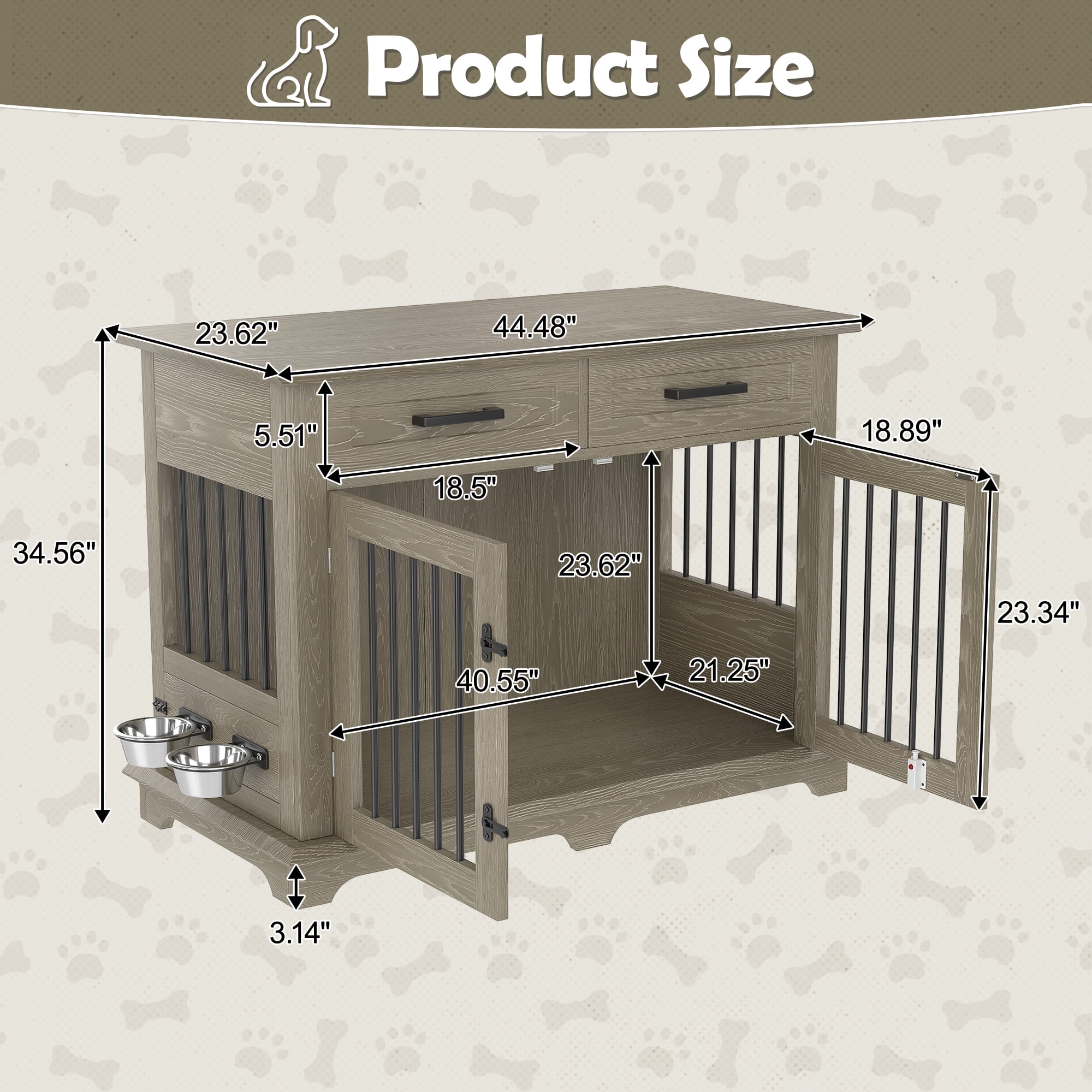 44.48" Large Dog Crate Furniture, Indoor Wooden Dog Kennel End Table with 2 Storage Drawers and Rotating Bowls, Decorative Pet Cage Dog House for Medium Dogs, Gray