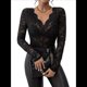thumbnail image 1 of Blusa de Larga con Cuello Redondo y Encaje de con Bordado Floral para Mujer Negro S, 1 of 9