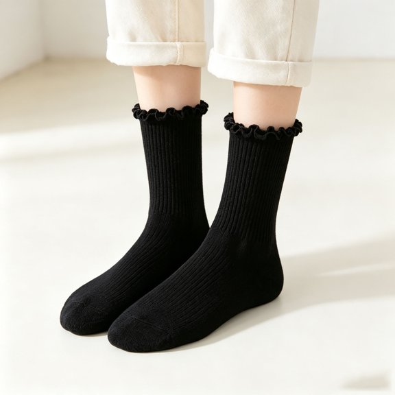 Cutuoiiu Women's Socks Casual Regular Fit Solid Color Ribbed Ruffle Cuff Mid Calf Socks Soft Stretch Knit Crew Socks for Daily Wear