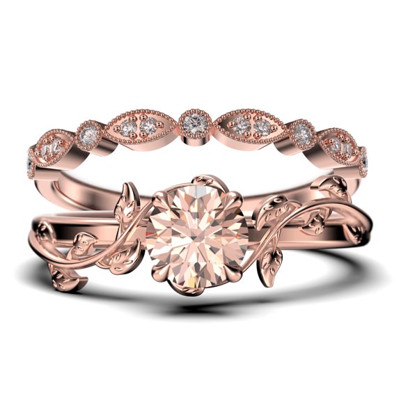 Vine Leaf Ring, Boho & hippie 1.50 Carat Round Cut Morganite And Diamond Moissanite Engagement Ring, Wedding Ring in 925 Sterling Silver With 18k Rose Gold Plating, Gift, Bridal Set, Matching Band
