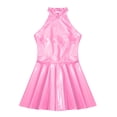thumbnail image 5 of TiaoBug Womens Wet Look Patent Leather Dress Sleeveless Halter A-line Cocktail Club Mini Dress Pink XL, 5 of 7