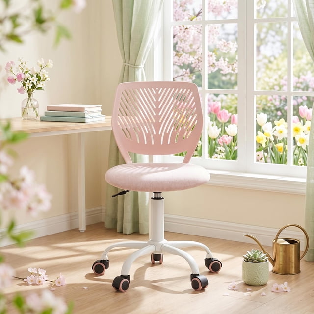Homy Casa Pink Kids Desk Chair, Adjustable Height Swivel Study Chair with Cushioned Seat and Rolling Wheels for Bedroom