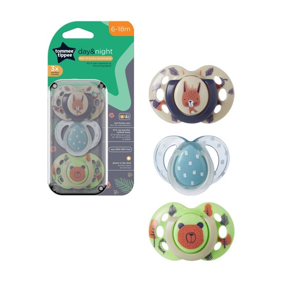 Tommee Tippee Fun Style Pacifier and Fun Style Night Glow in the Dark Pacifier, Symmetrical Design, BPA-Free, Includes Sterilizer Box, (6-18m), Pack of 3 Pacifiers