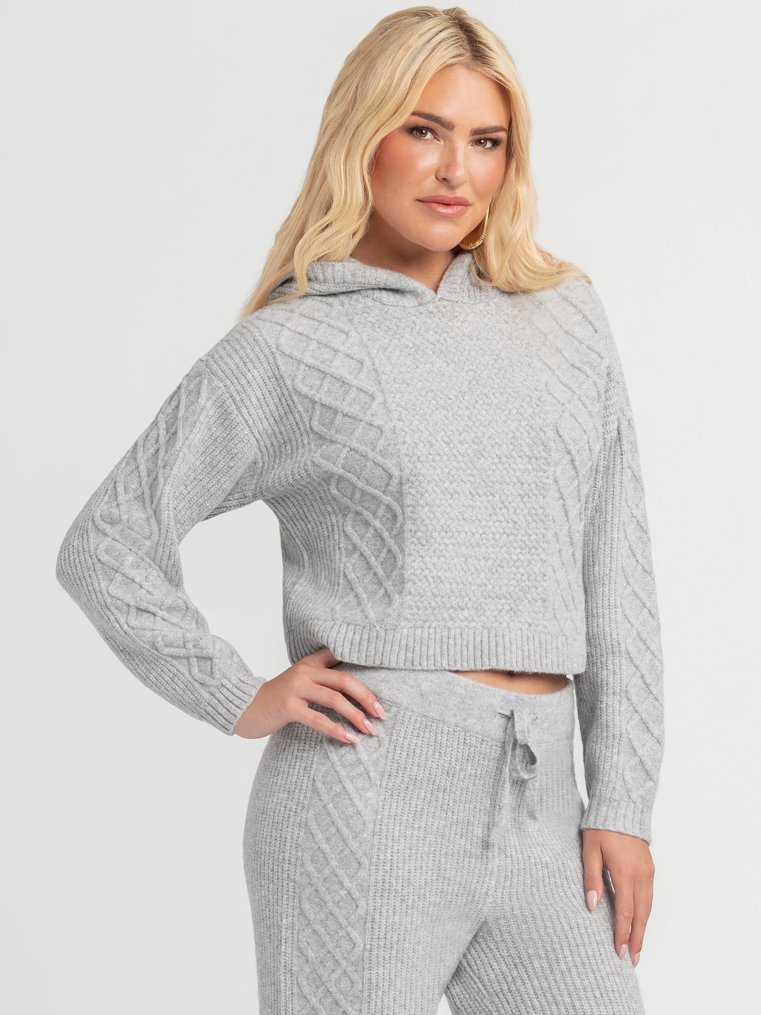 Jessica Simpson Women's Brigite Cropped Mixed Stitch Hoodie Sweater, Sizes XS-XL