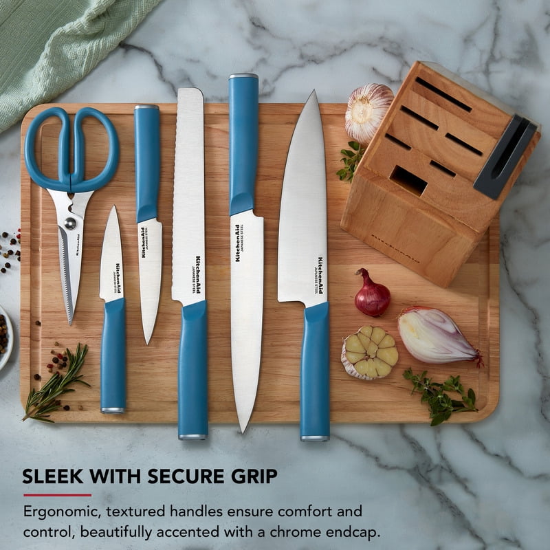 KitchenAid Classic 7-Piece Knife Block Set with Sharpener, High-Carbon Steel, Blue Velvet