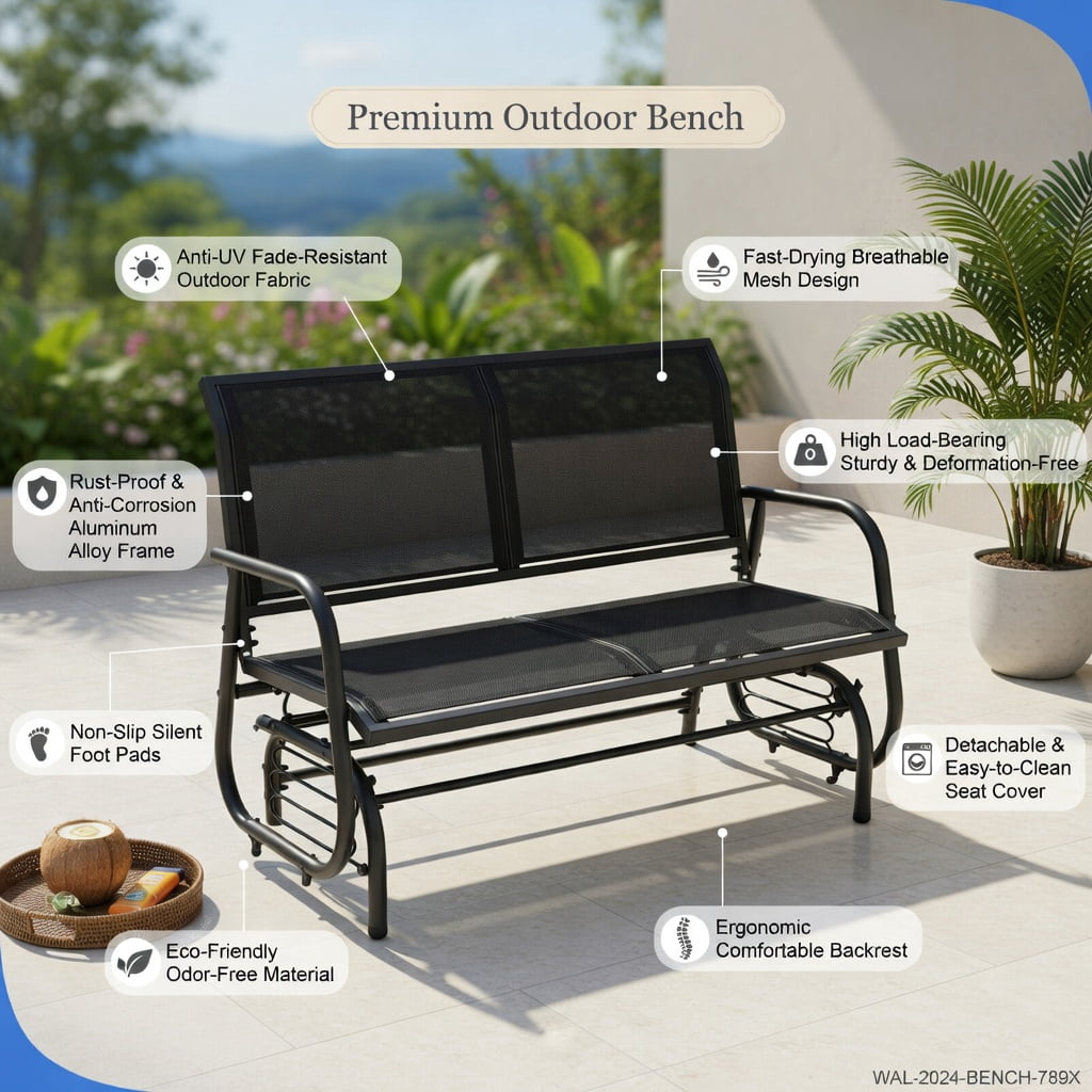 Hommoo 48" Outdoor Glider Loveseat Rocker Chair, Heavy Duty Steel Frame, Breathable Fabric Seat, Dual-Adult Capacity for Patio, Backyard & Porch, Black