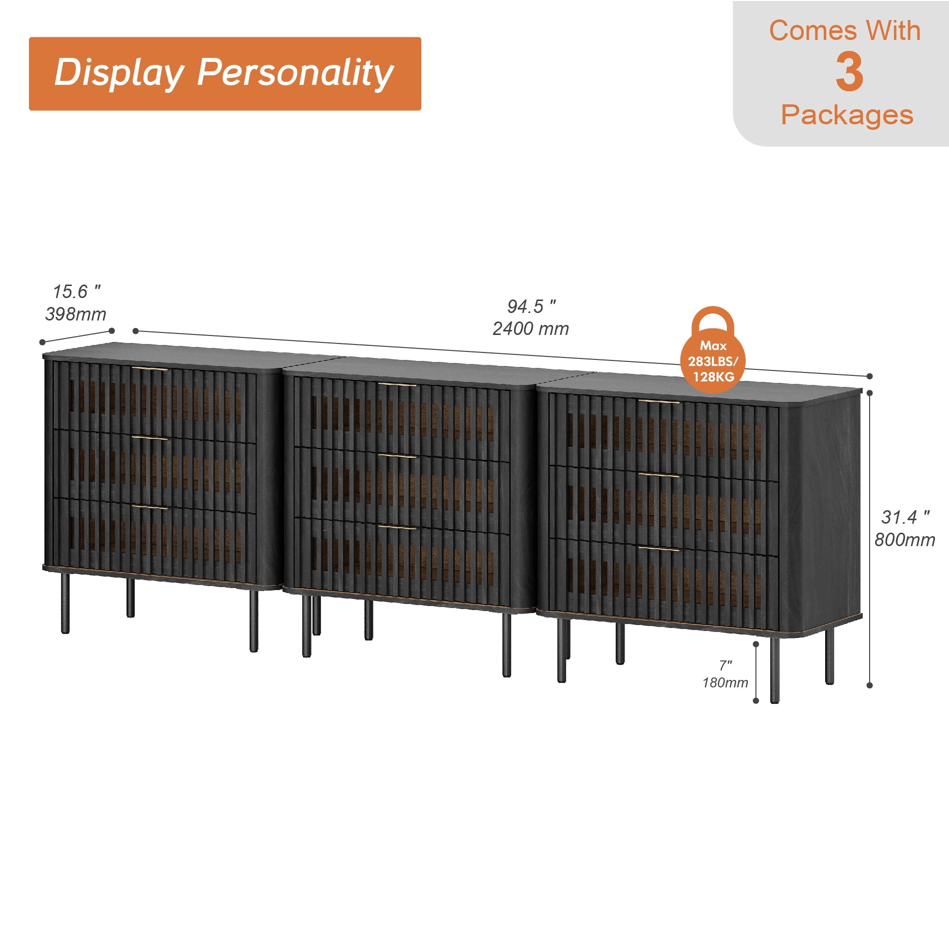 94.5"W Sideboard Buffet Cabinet with Storage, Fluted Kitchen Buffet Storage Cabinet with 9 Drawer, Large Coffee Bar Cabinet, Modern Buffet Table for Dining Living Room, Black