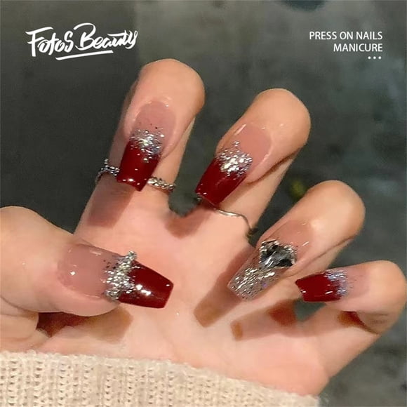 Fofosbeauty 24pcs Coffin Artificial Press-on Nails for Girls Womens,Coffin Burgundy Swoosh Sparkling Love