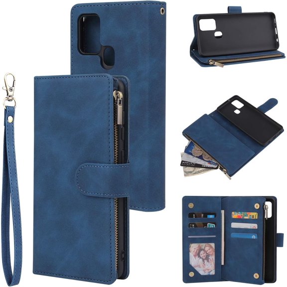 Wallet Case for Samsung Galaxy A21S, Premium Vintage PU Leather Magnetic Closure Handbag Zipper Pocket Case Kickstand Card Holder Slots with Wrist Strap TPU Shockproof Flip Cover - Blue