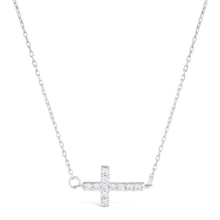Sterling Silver Sideway Cross Pendant Necklace Cubic Zirconium 18" Chain