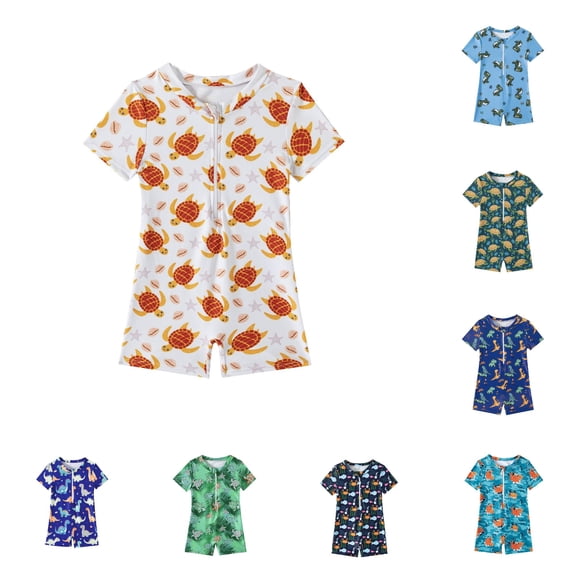 Rggeeun Boys Child Swimsuit Set 1Pc Cartoon Dinosaur Pattern Short Sleeve Crew Neck Front Zipper for Summer Water Surfing Fashion Swimwear,White,3-6 Months