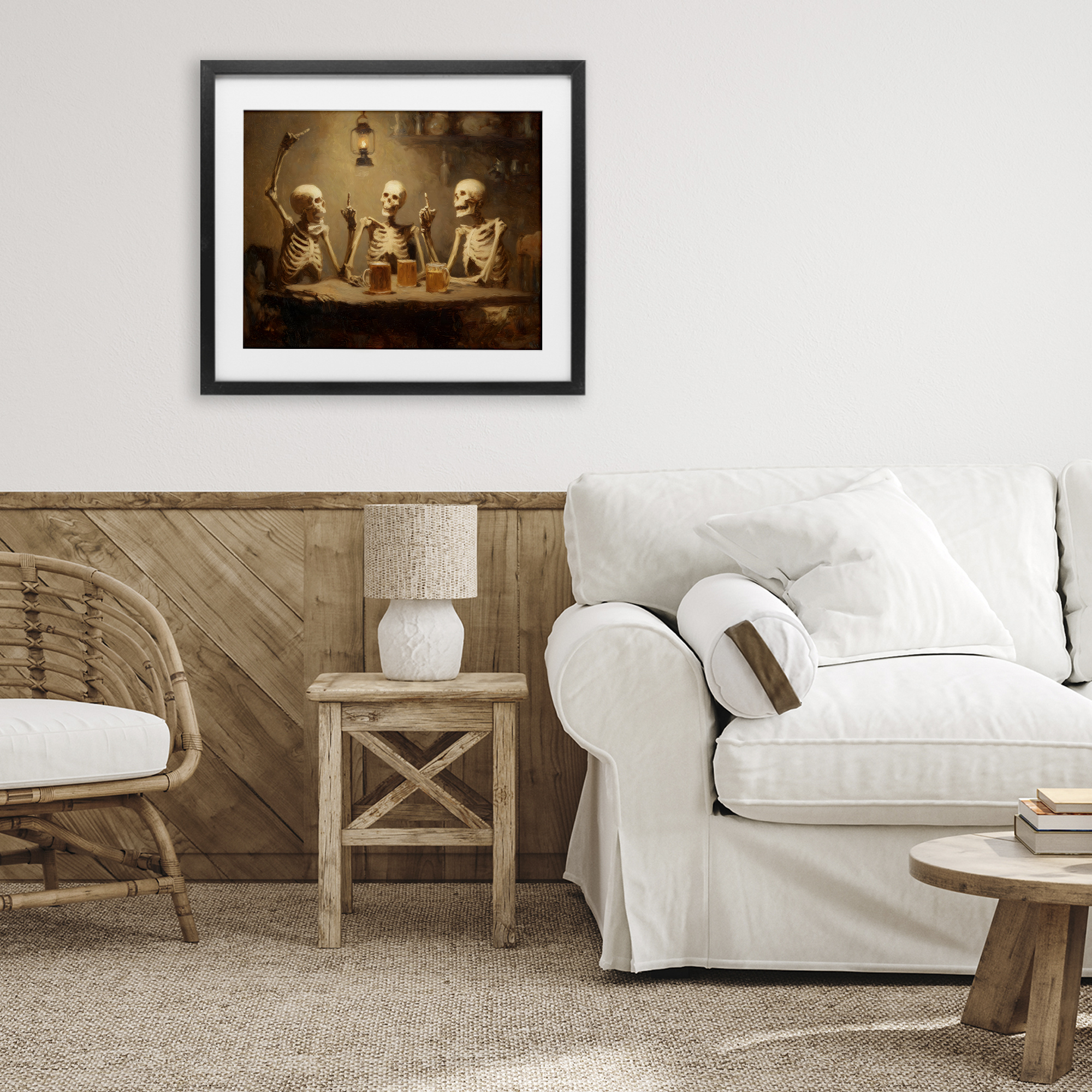 Skeletons Drinking at Tavern Black Framed Print Under Glass, design by Arlington Prints