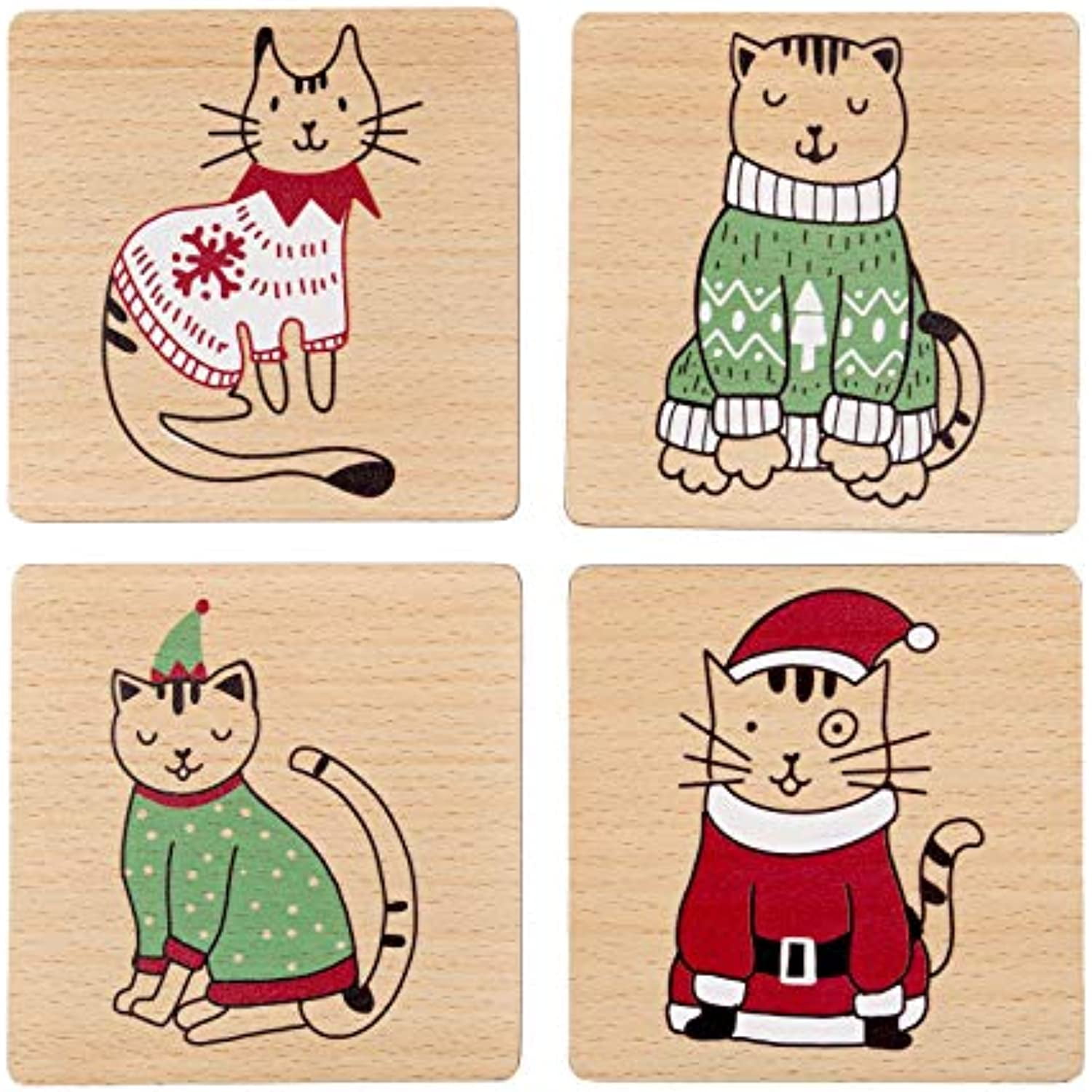 Pearhead Pet Holiday Cat Drink Coasters, Christmas or Housewarming Pet Owner Gift, Cat Home Décor, Set of 4, Multi (51113)
