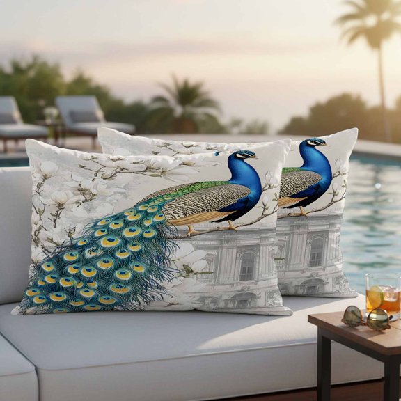 Luxury Peacock Outdoor Pillow Covers 20x12 Inch Lumbar Pillow Covers Set of 2 Waterproof Decorative Throw Pillow Cases Watercolor Vintage Floral Attic Cushion Covers for Patio Furniture Garden Couch
