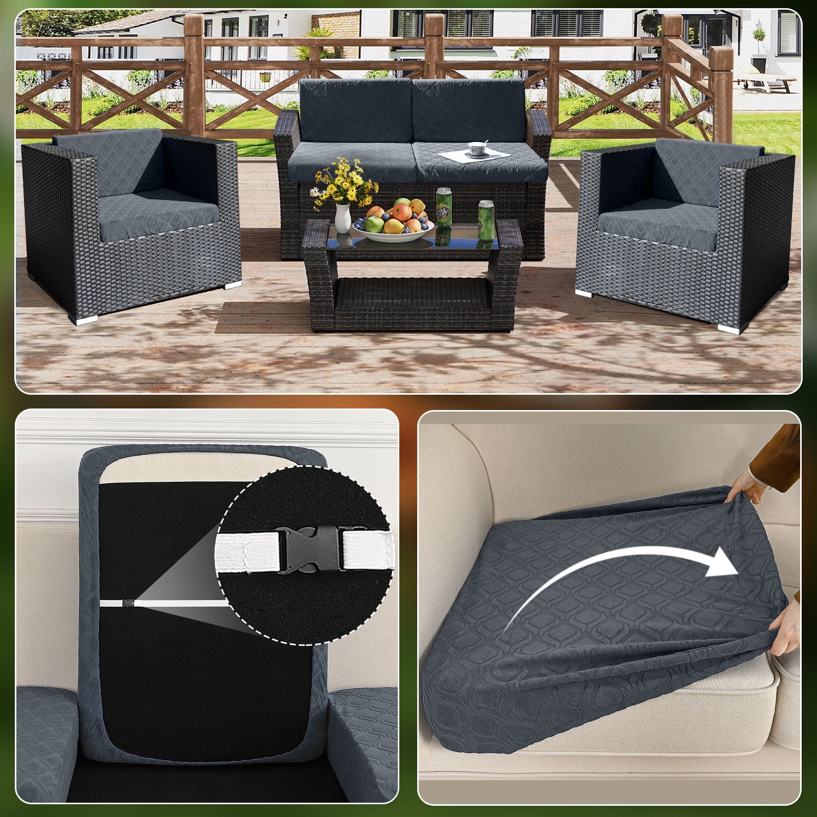 Eurhowing Waterproof Couch Cushion Covers 4 Pack, Non-Slip Stretch Sofa Seat Cushion Slipcover for Pets & Kids, Outdoor Furniture Protector Seat Cover, Dark Gray